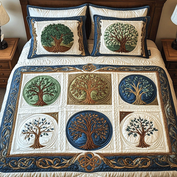 Ethereal Forest Quilt quilted 3-piece bedding set on a made bed with two matching pillow shams