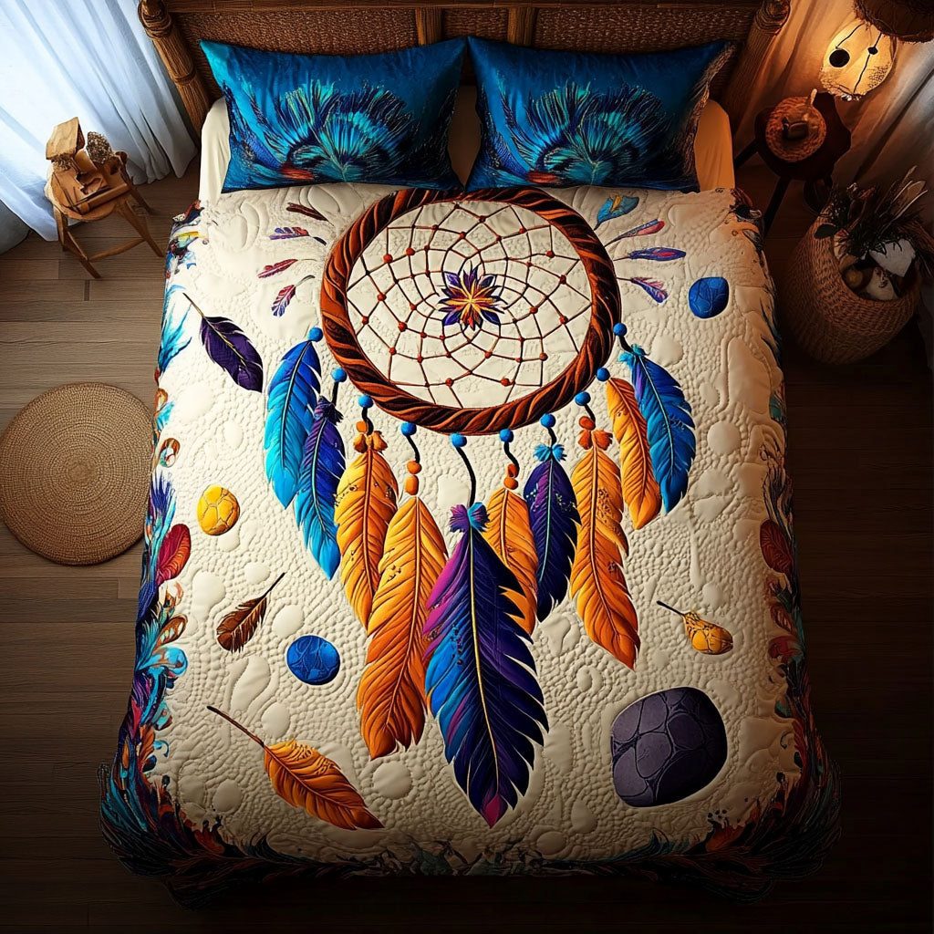 Ethereal Harmony quilted 3-piece bedding set on a made bed with two matching pillow shams