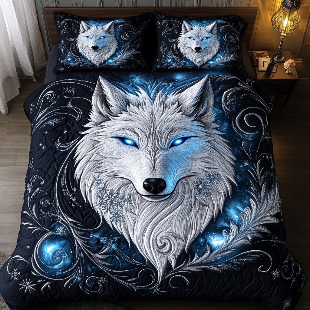 Ethereal Howl quilted 3-piece bedding set on a made bed with two matching pillow shams