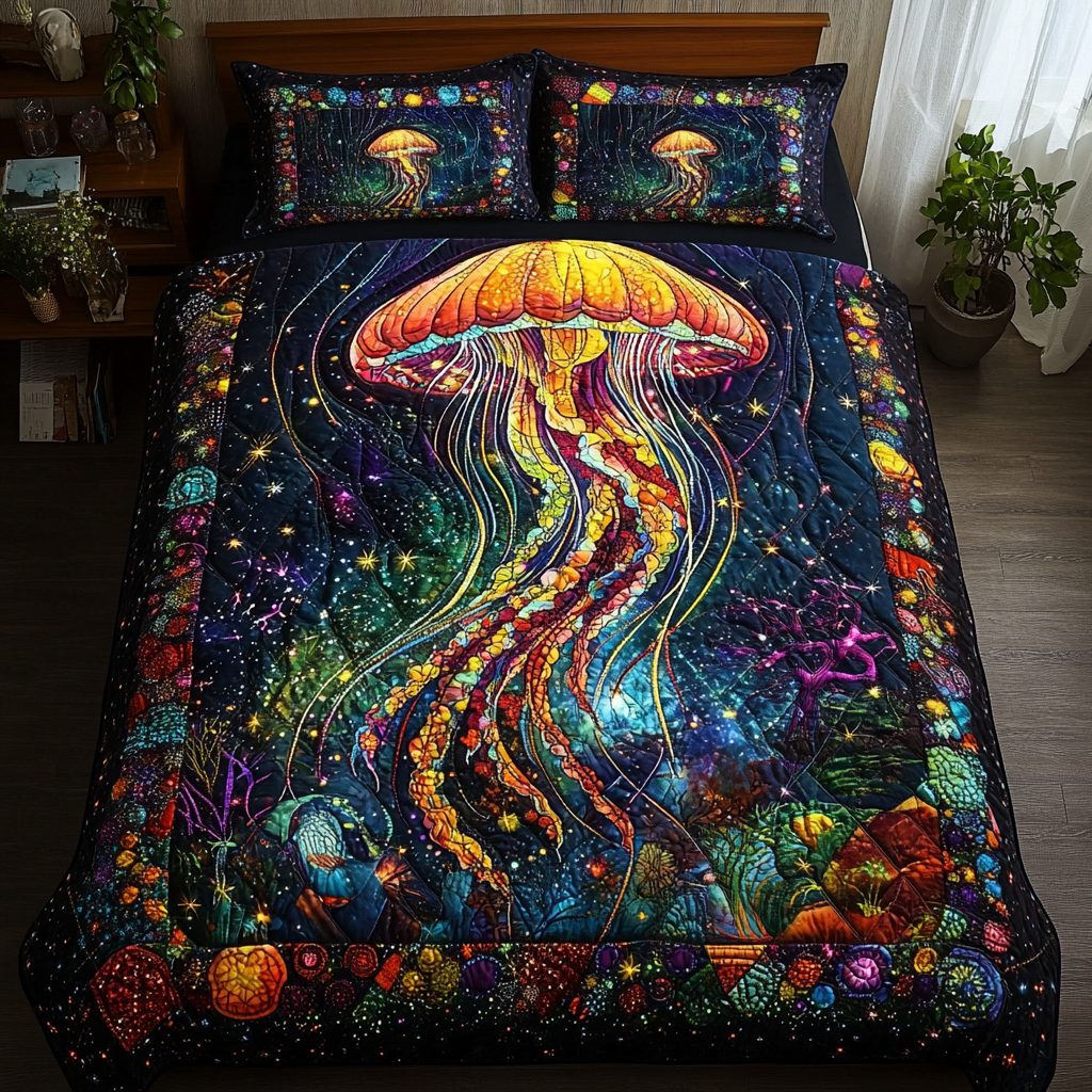 Ethereal Jelly quilted 3-piece bedding set on a made bed with two matching pillow shams