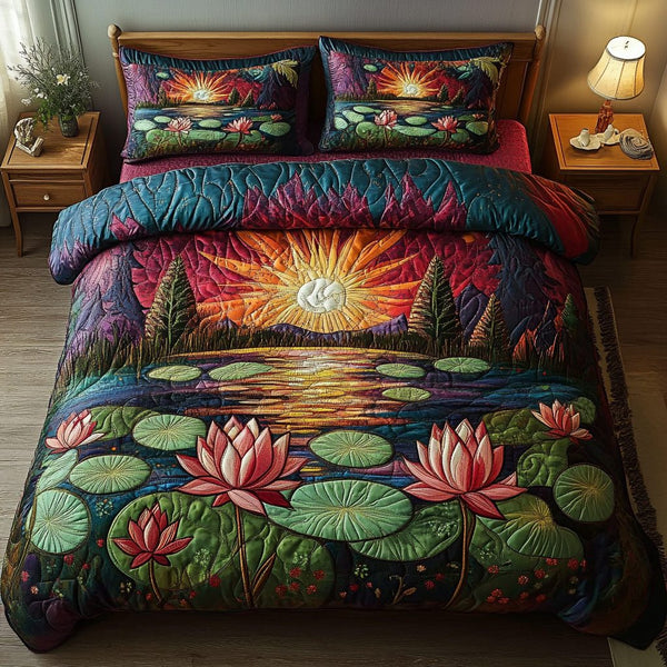 Ethereal Lotus quilted 3-piece bedding set on a made bed with two matching pillow shams