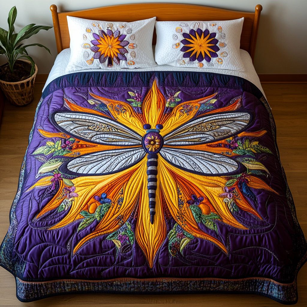 Ethereal Meadow Dreams quilted 3-piece bedding set on a made bed with two matching pillow shams