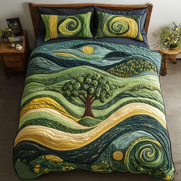 Ethereal Meadows quilted 3-piece bedding set on a made bed with two matching pillow shams