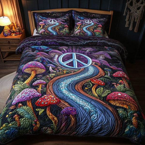 Ethereal Mushroom Path quilted 3-piece bedding set on a made bed with two matching pillow shams