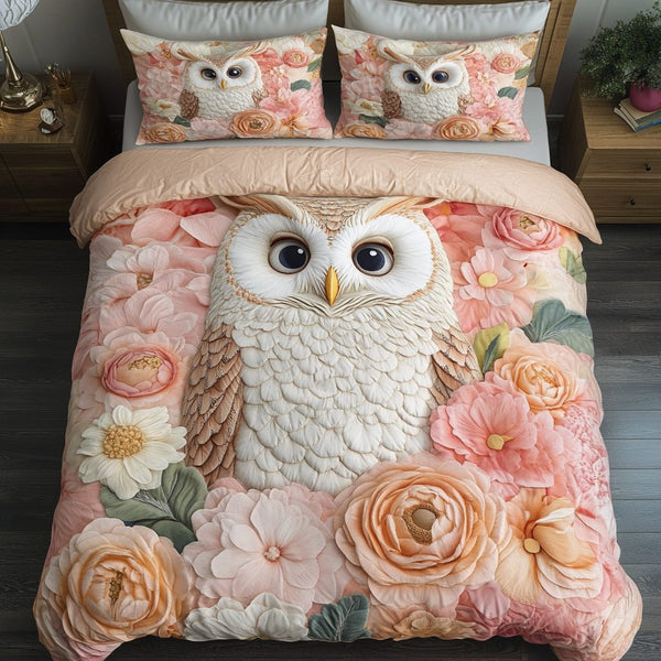 Ethereal Owl quilted 3-piece bedding set on a made bed with two matching pillow shams