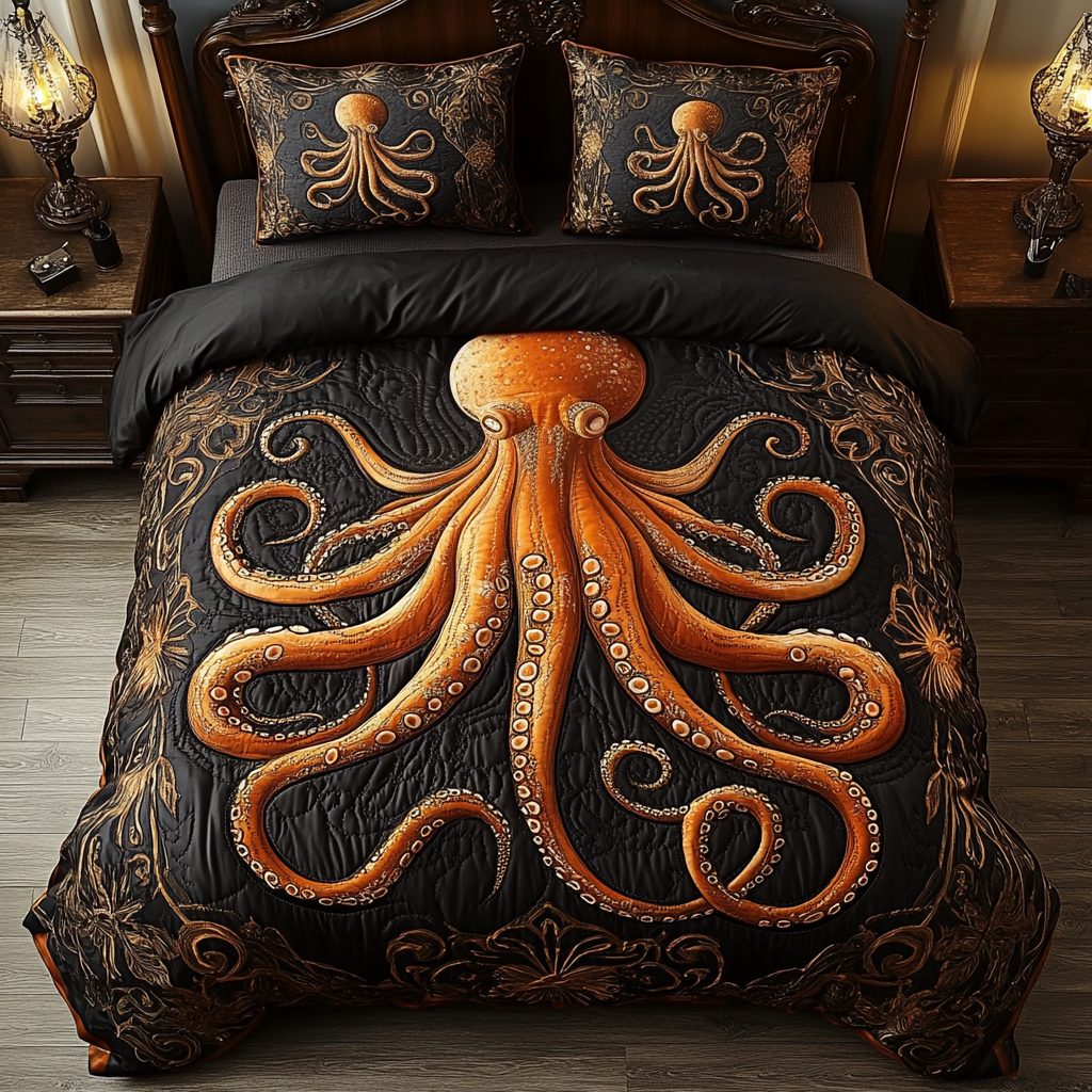 Ethereal Tentacles quilted 3-piece bedding set on a made bed with two matching pillow shams