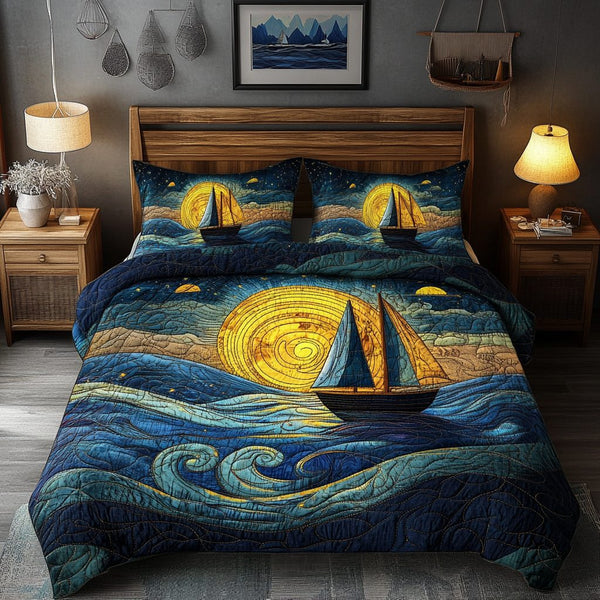 Ethereal Waters quilted 3-piece bedding set on a made bed with two matching pillow shams