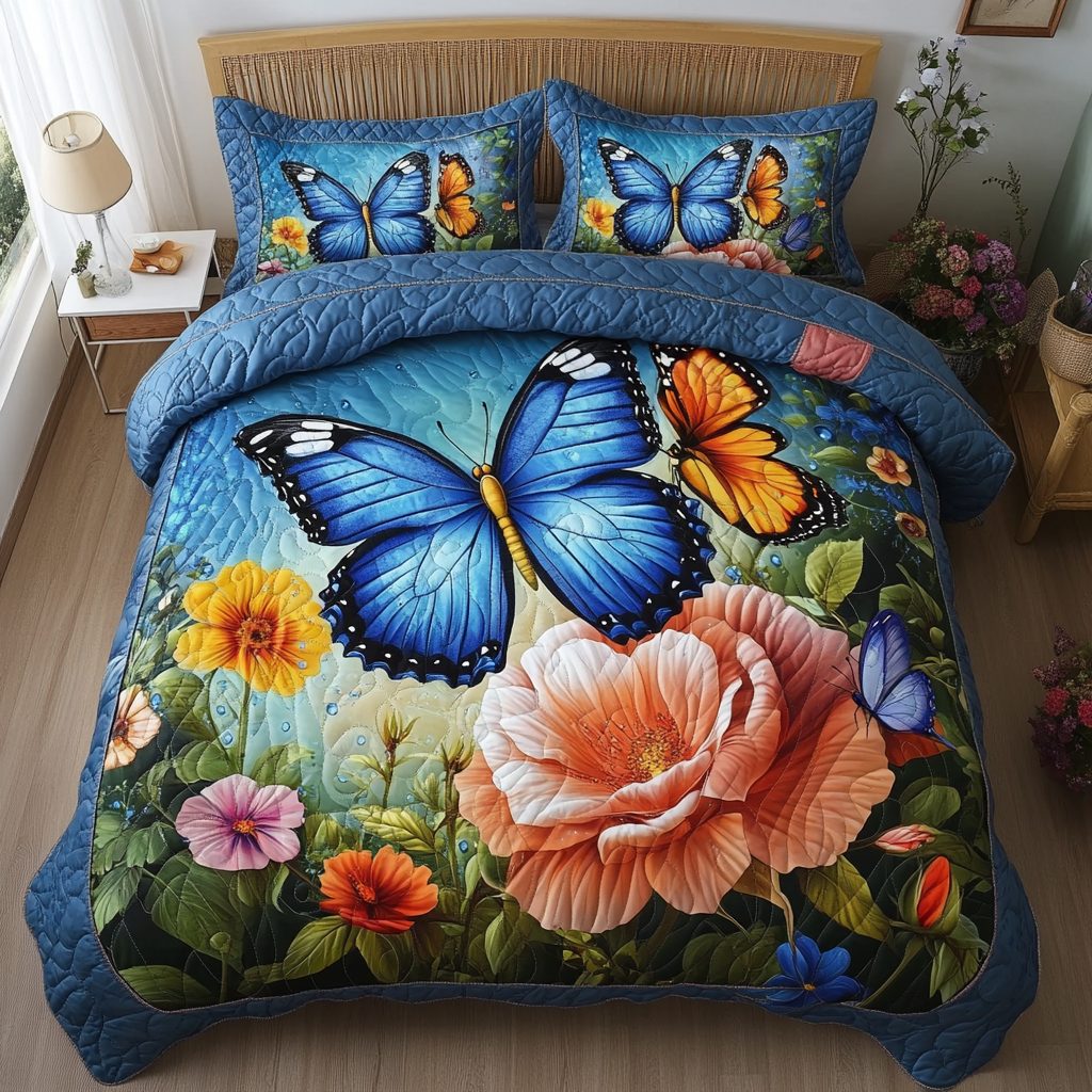 Ethereal Wings quilted 3-piece bedding set on a made bed with two matching pillow shams