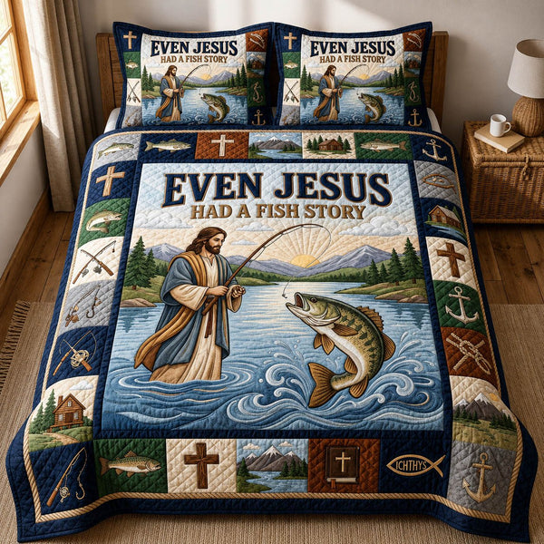 Even Jesus Had A Fish Story quilted 3-piece bedding set on a made bed in a softly lit bedroom