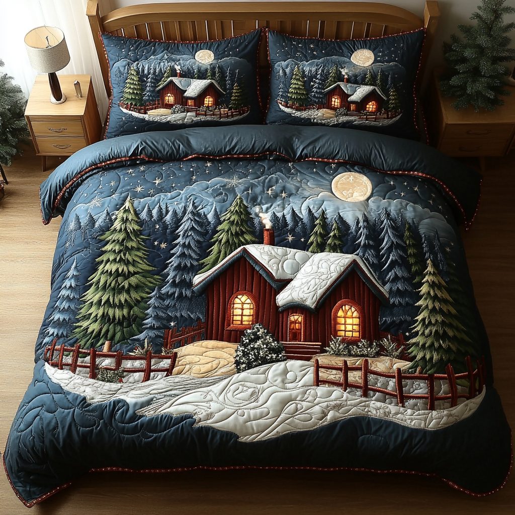 Evening Lights quilted 3-piece bedding set on a made bed with two matching pillow shams
