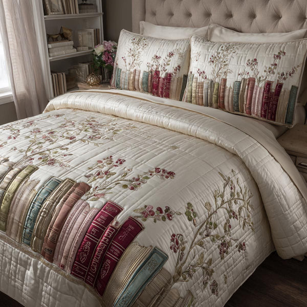 Evening Read quilted 3-piece bedding set on a made bed with two matching pillow shams