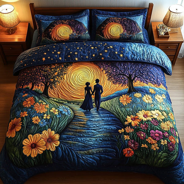 Evening Walk quilted 3-piece bedding set on a made bed with two matching pillow shams