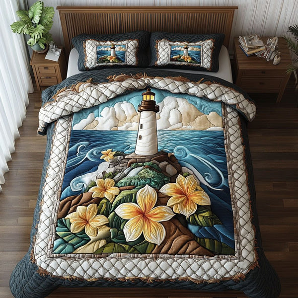 Evening Watch quilted 3-piece bedding set on a made bed with two matching pillow shams