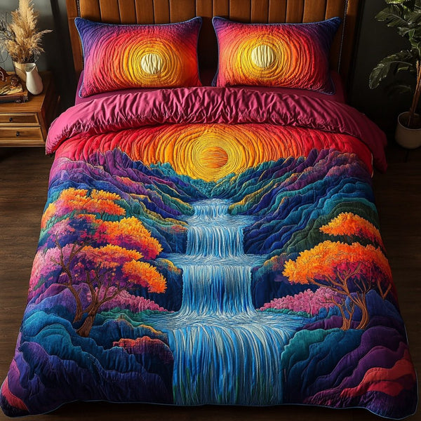 Everflow Falls quilted 3-piece bedding set on a made bed with two matching pillow shams