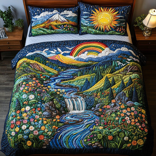 Everflowing Beauty quilted 3-piece bedding set on a made bed with two matching pillow shams