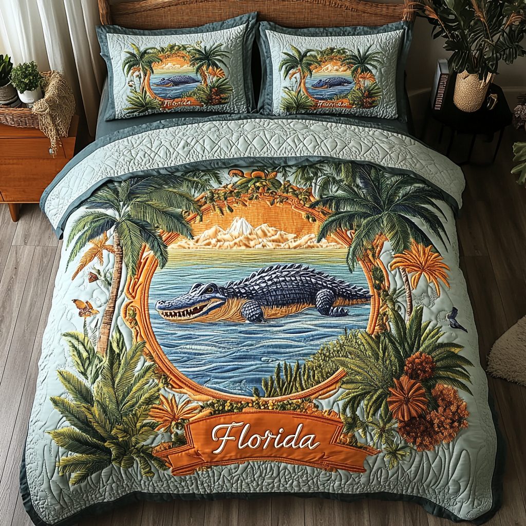 Everglade Chill quilted 3-piece bedding set on a made bed with two matching pillow shams
