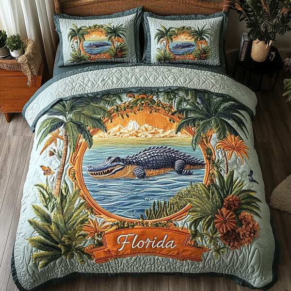 Everglade Chill quilted 3-piece bedding set on a made bed with two matching pillow shams