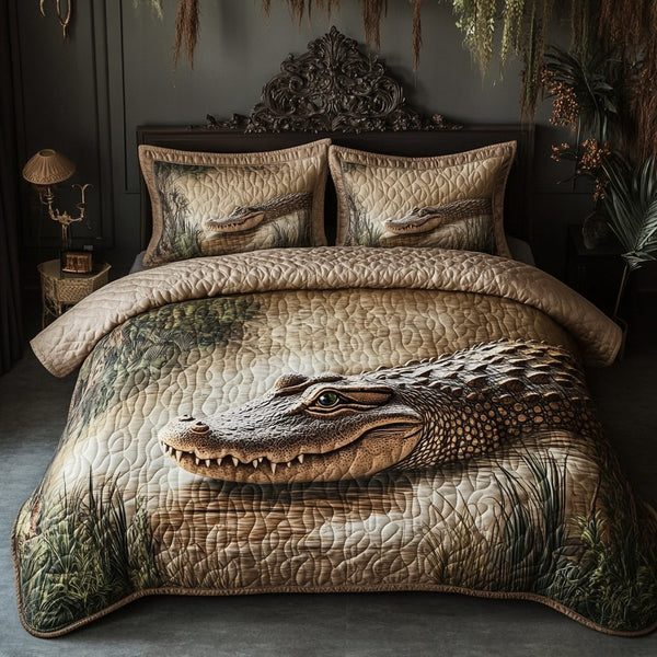 Everglades Alligator Charm quilted 3-piece bedding set on a made bed with two matching pillow shams