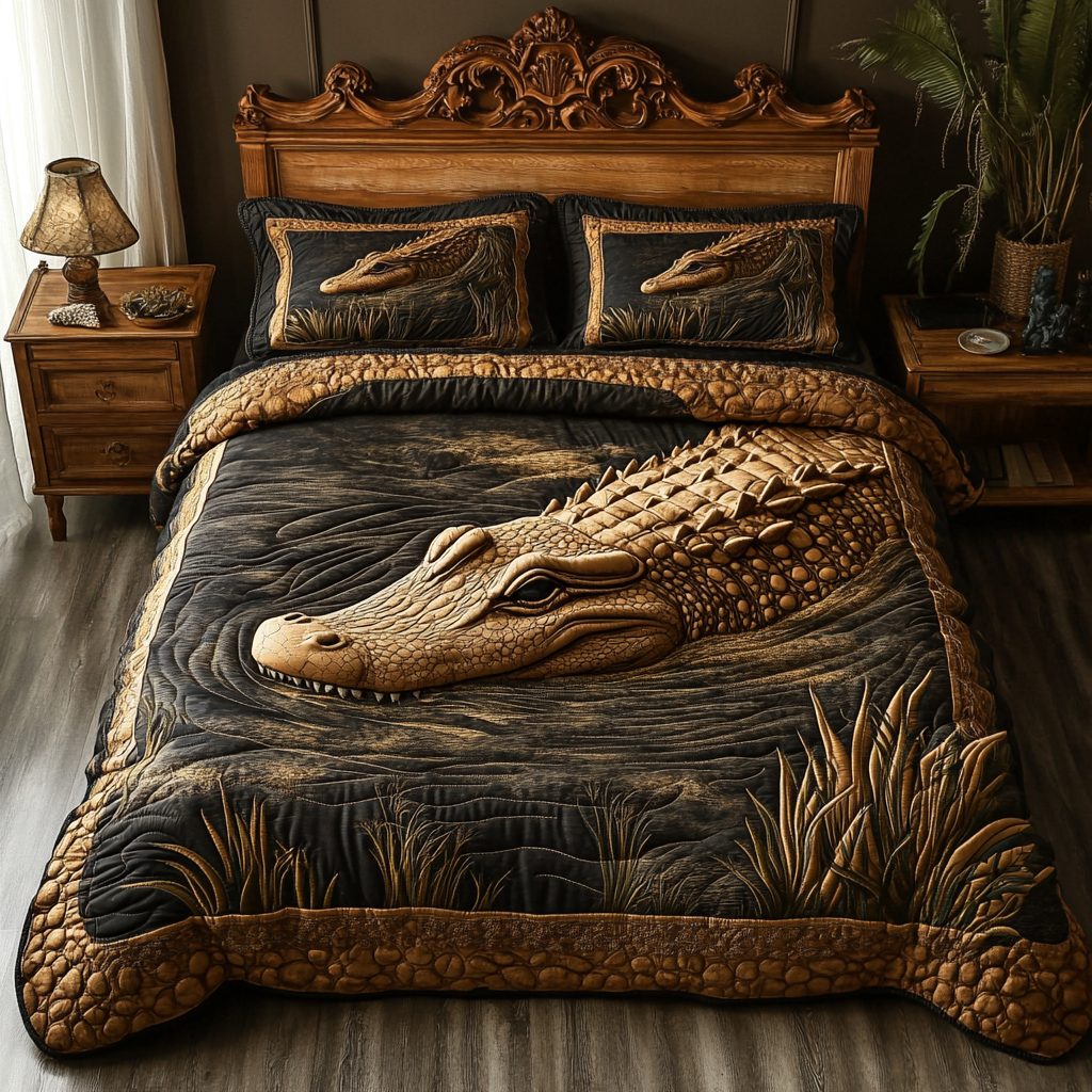 Everglades Alligator Hunt quilted 3-piece bedding set on a made bed with two matching pillow shams