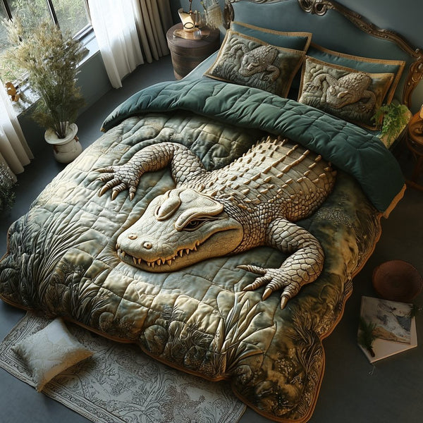 Everglades Alligator quilted 3-piece bedding set on a made bed with two matching pillow shams