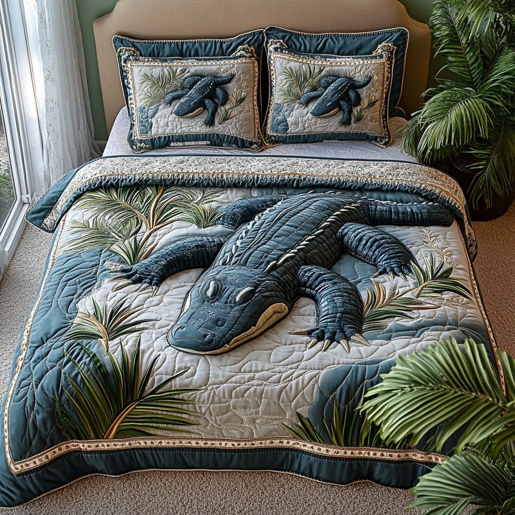 Everglades Alligator Sleep quilted 3-piece bedding set on a made bed with two matching pillow shams