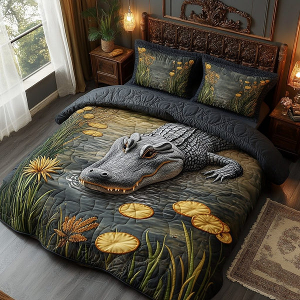 Everglades Alligator Track quilted 3-piece bedding set on a made bed with two matching pillow shams