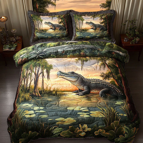 Everglades Hunter quilted 3-piece bedding set on a made bed with two matching pillow shams