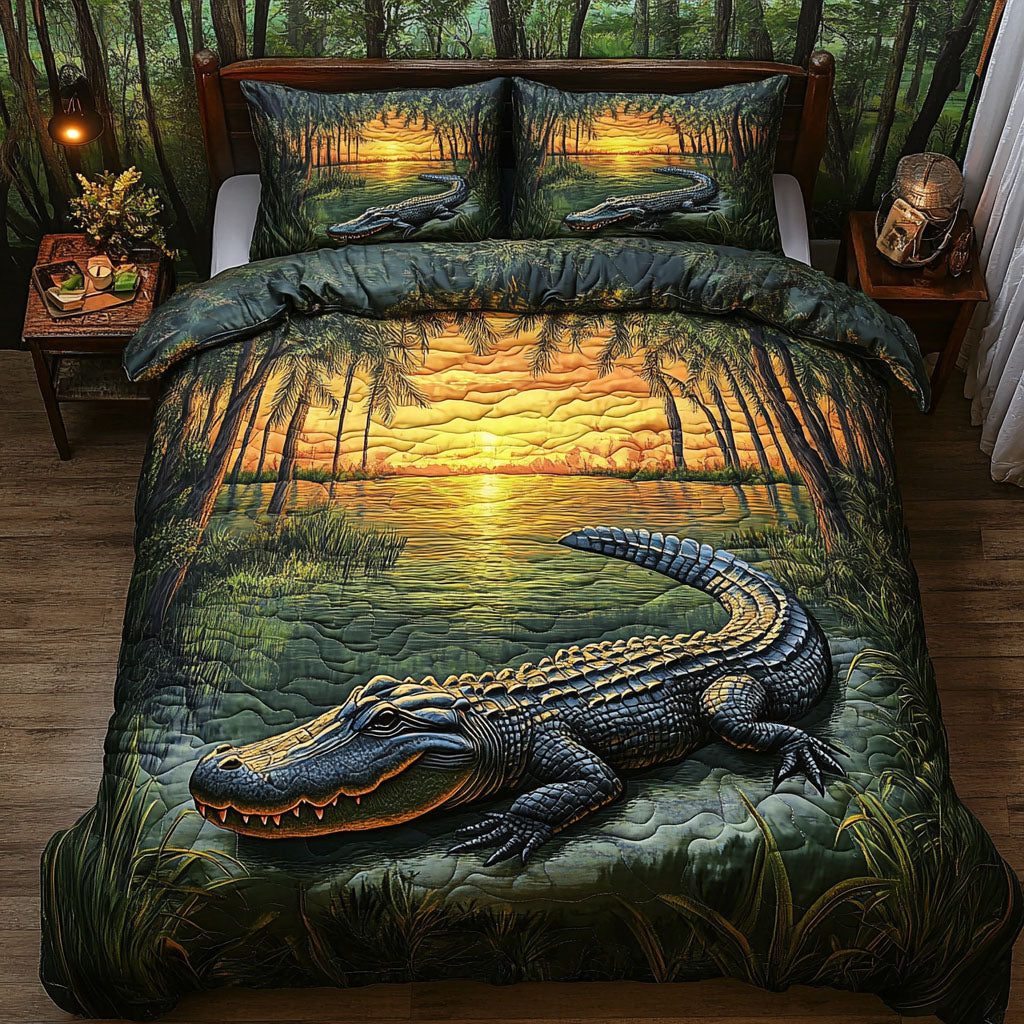 Everglades Majesty quilted 3-piece bedding set on a made bed with two matching pillow shams