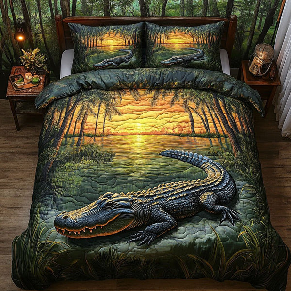 Everglades Majesty quilted 3-piece bedding set on a made bed with two matching pillow shams