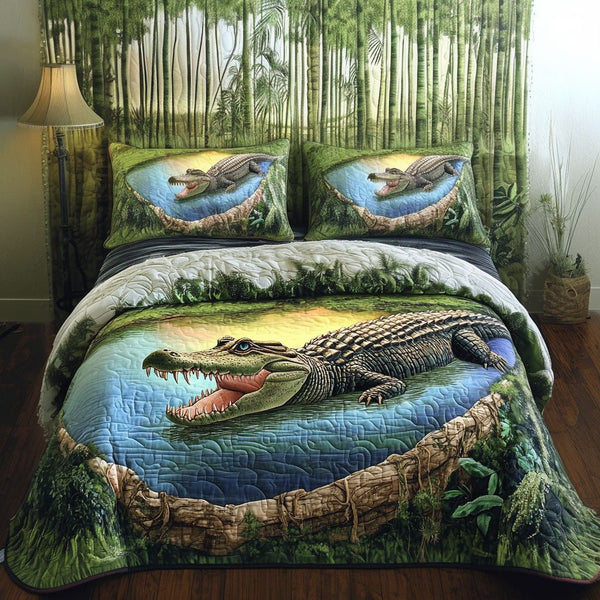 Everglades Trek quilted 3-piece bedding set on a made bed with two matching pillow shams