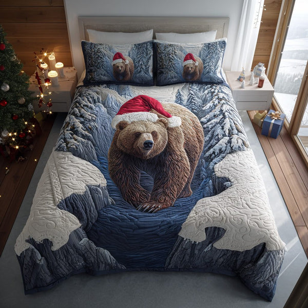Evergreen Bear Trail quilted 3-piece bedding set on a made bed with two matching pillow shams