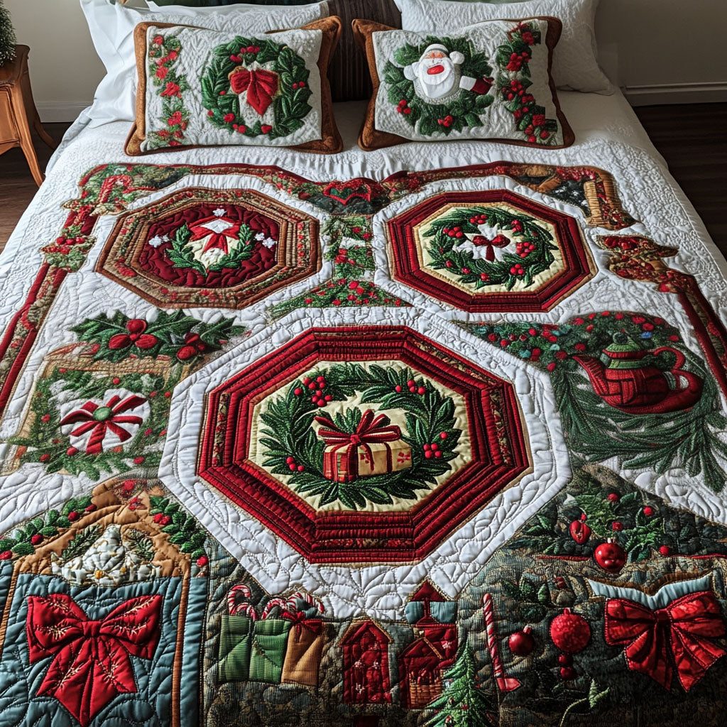 Evergreen Bliss quilted 3-piece bedding set on a made bed with two matching pillow shams