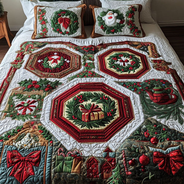 Evergreen Bliss quilted 3-piece bedding set on a made bed with two matching pillow shams
