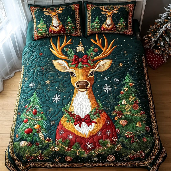 Evergreen Cheer quilted 3-piece bedding set on a made bed with two matching pillow shams