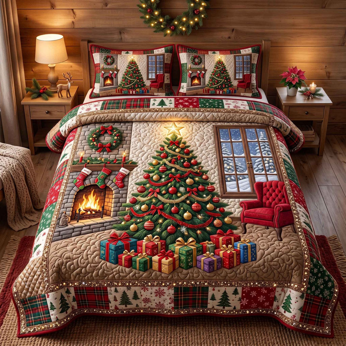 Evergreen Christmas quilted 3-piece bedding set on a made bed in a winter-styled bedroom