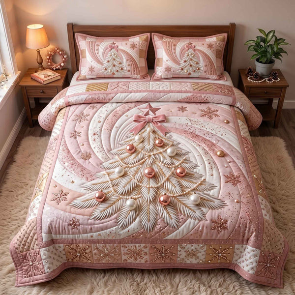 Evergreen Christmas quilted 3-piece bedding set on a made bed in a winter-styled bedroom