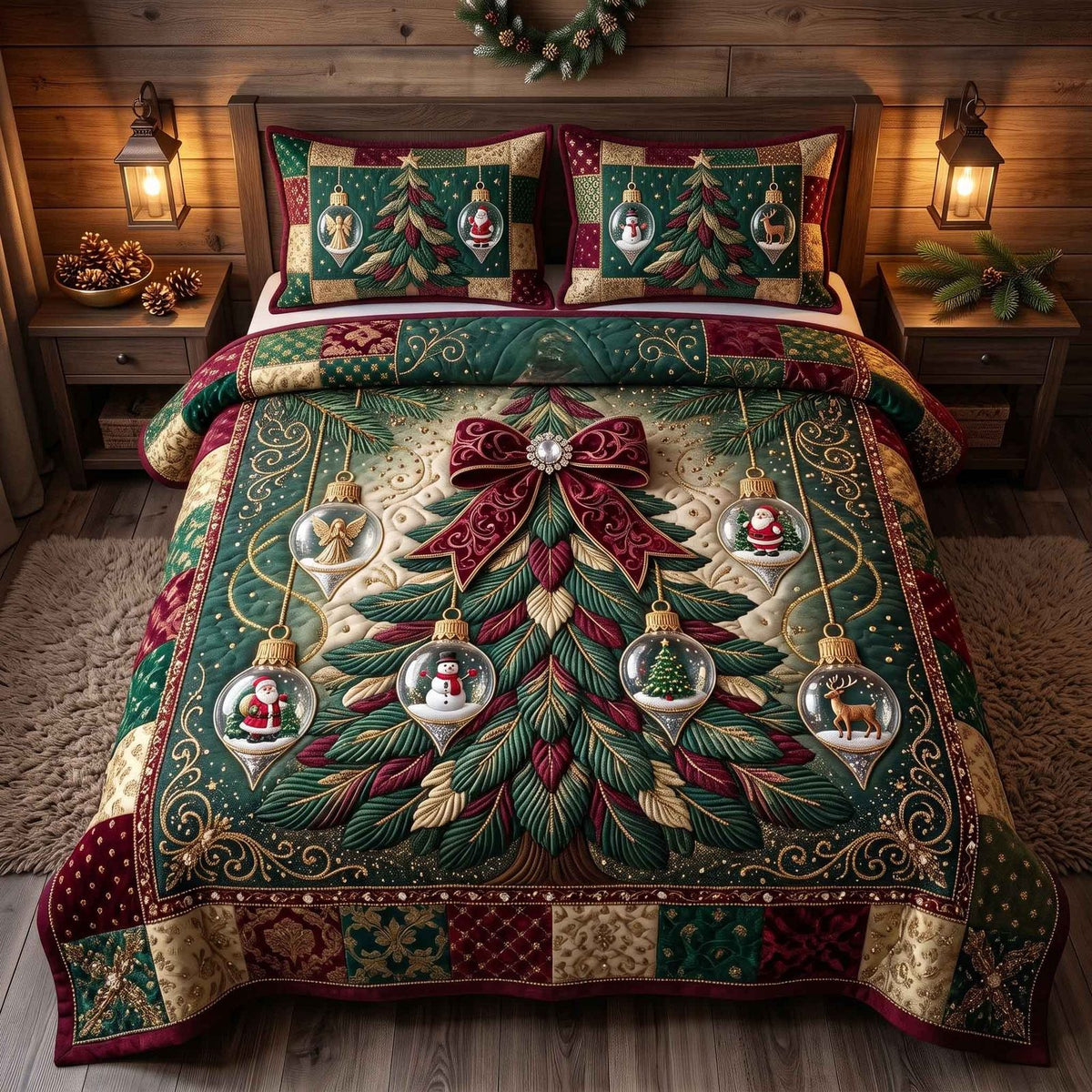 Evergreen Christmas quilted 3-piece bedding set on a made bed in a winter-styled bedroom