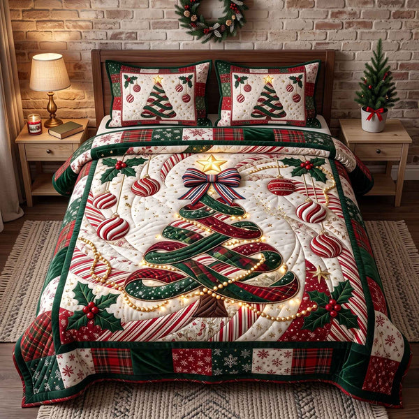 Evergreen Christmas quilted 3-piece bedding set on a made bed in a winter-styled bedroom