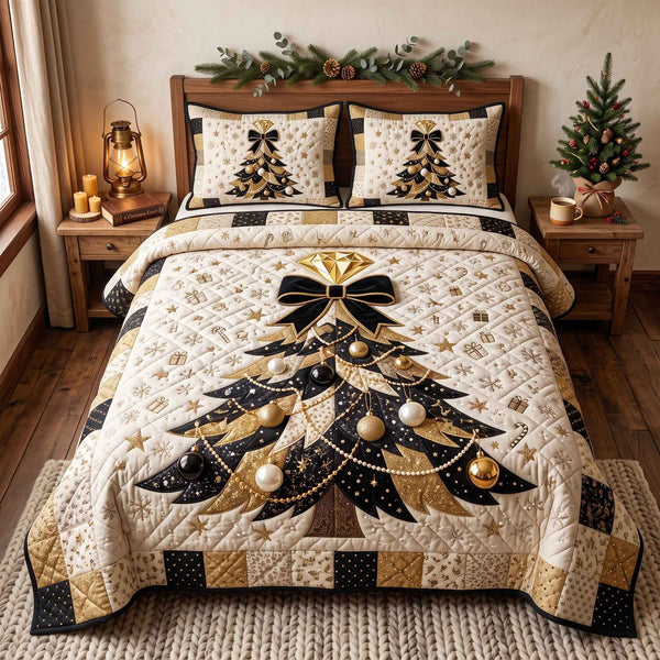 Evergreen Christmas quilted 3-piece bedding set on a made bed in a winter-styled bedroom