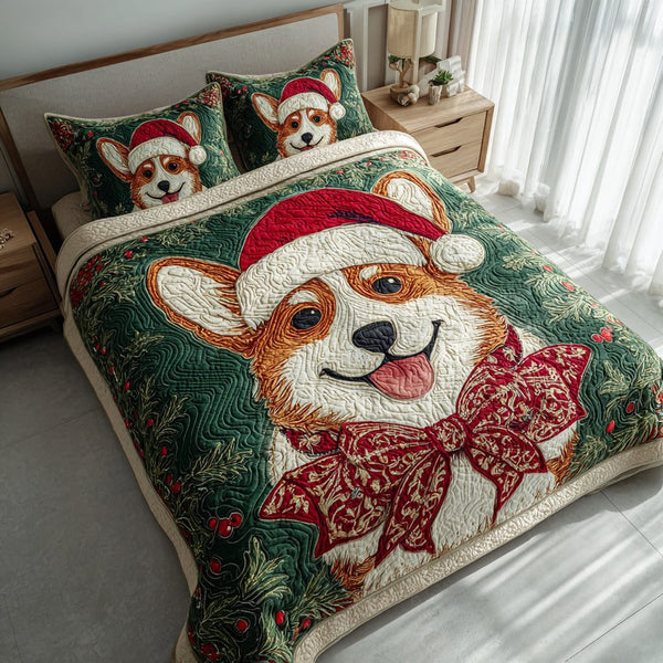 Evergreen Corgi Joy quilted 3-piece bedding set on a made bed with two matching pillow shams