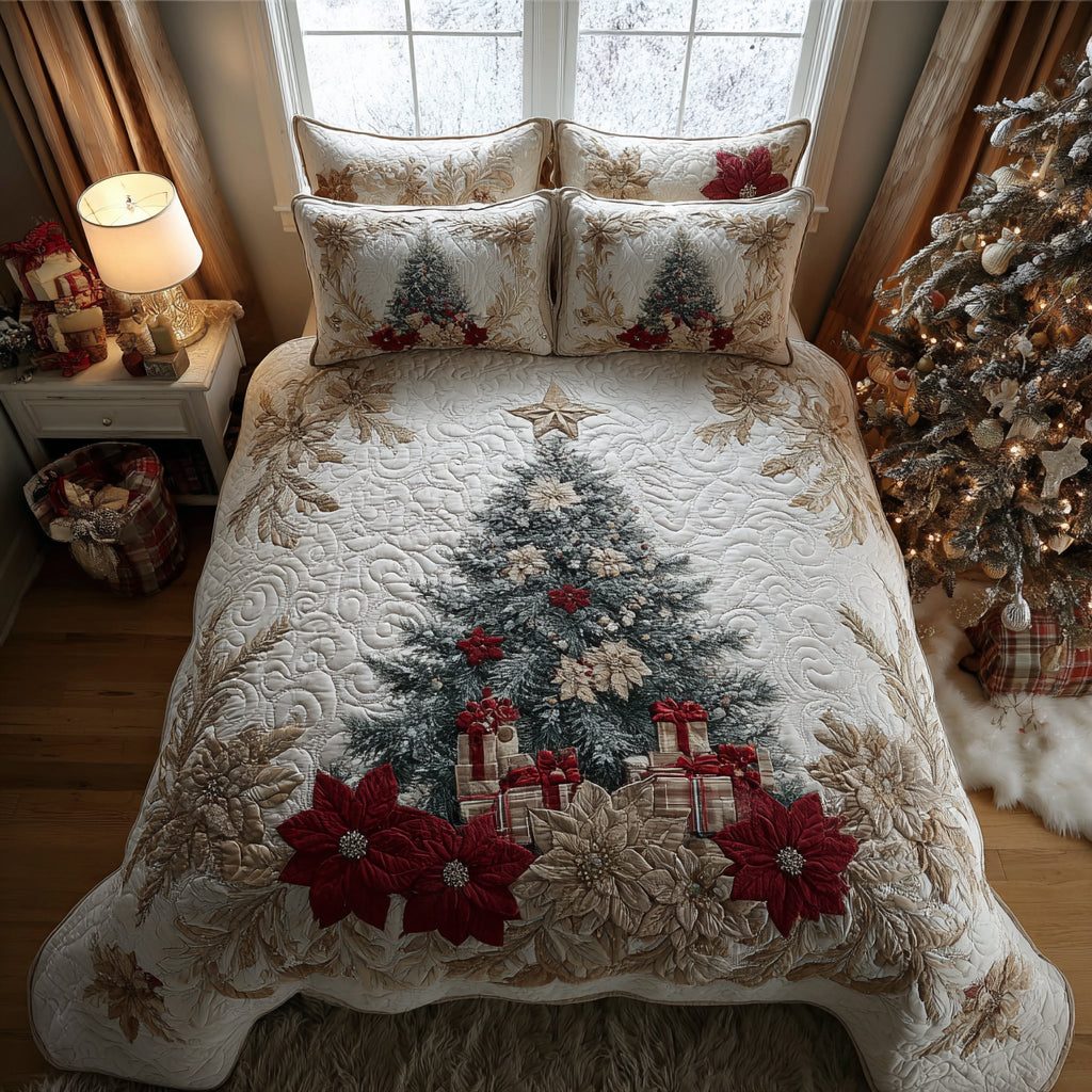 Evergreen Dream quilted 3-piece bedding set on a made bed with two matching pillow shams