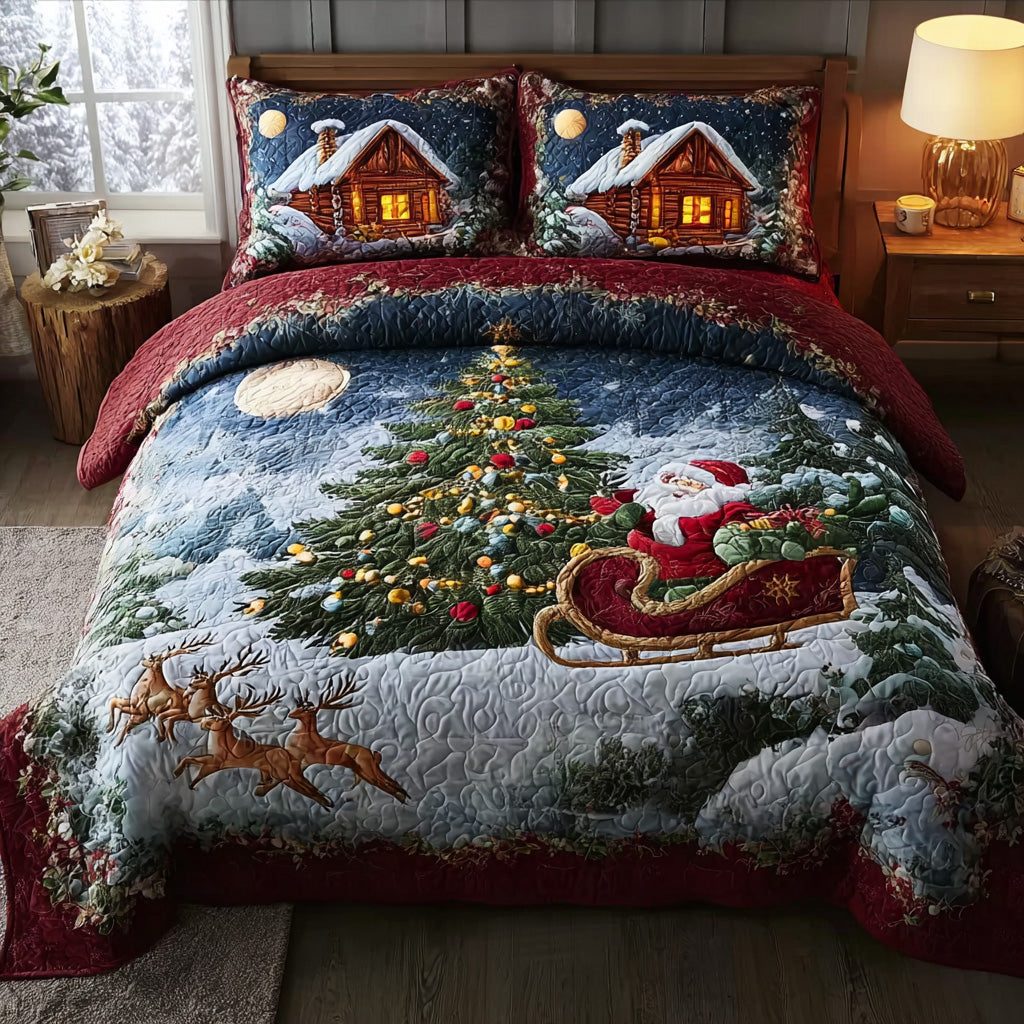 Evergreen Dreams quilted 3-piece bedding set on a made bed with two matching pillow shams