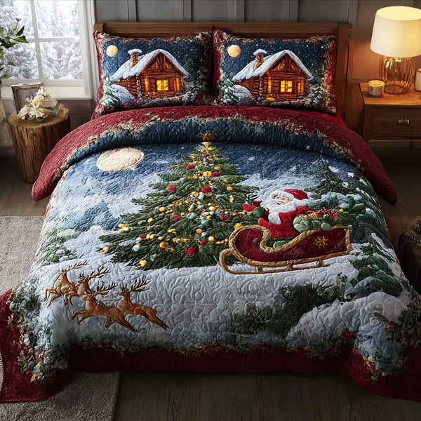 Evergreen Dreams quilted 3-piece bedding set on a made bed with two matching pillow shams
