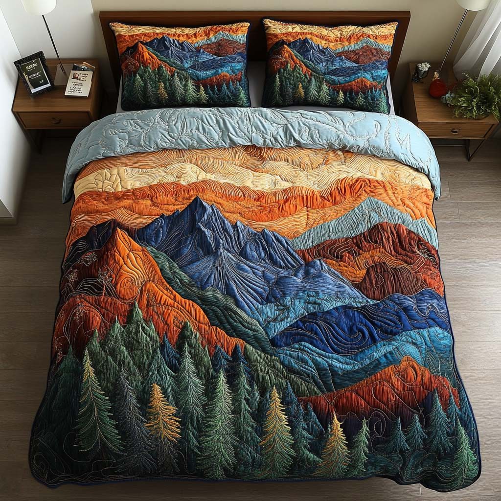 Evergreen Dreams quilted 3-piece bedding set on a made bed with two matching pillow shams