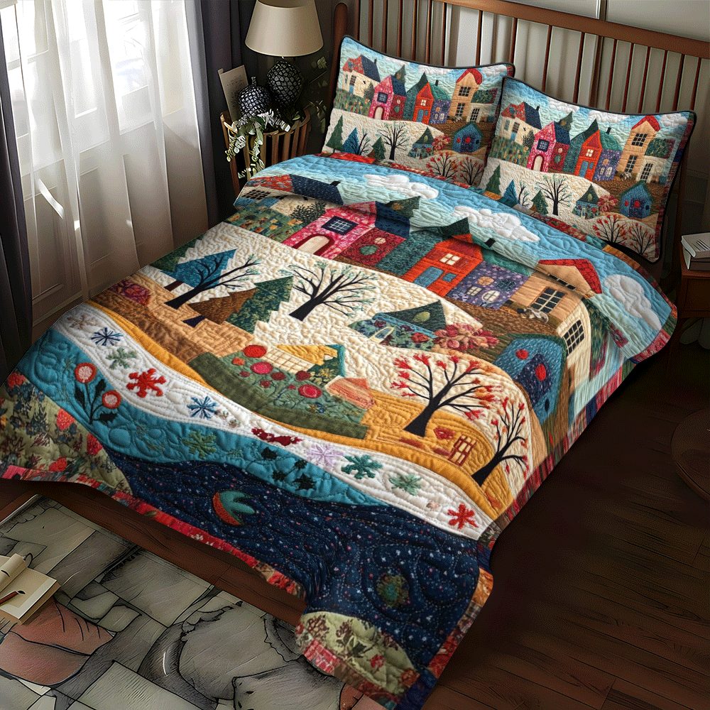 Evergreen Dreams quilted 3-piece bedding set on a made bed with two matching pillow shams