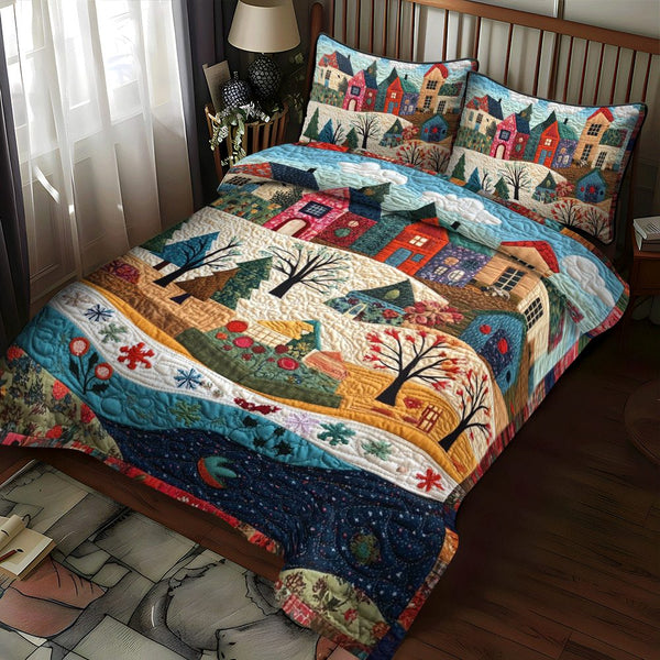 Evergreen Dreams quilted 3-piece bedding set on a made bed with two matching pillow shams