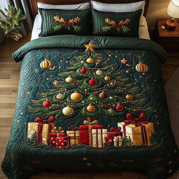 Evergreen Dreams quilted 3-piece bedding set on a made bed with two matching pillow shams