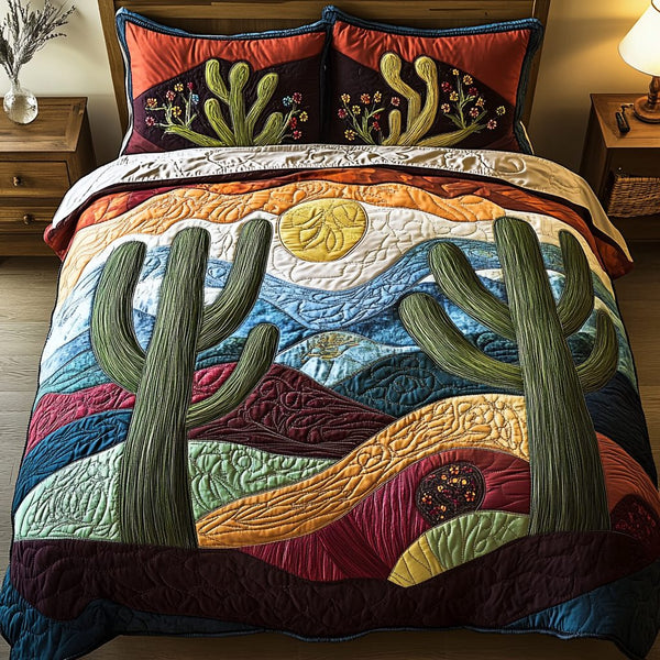 Evergreen Dunes quilted 3-piece bedding set on a made bed with two matching pillow shams