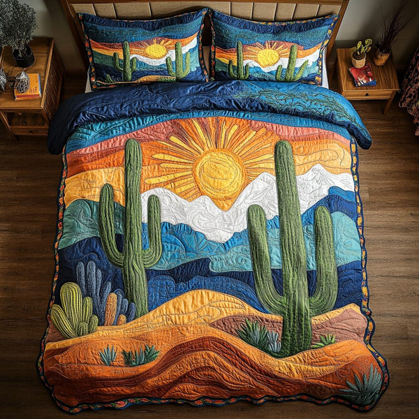 Evergreen Dunes quilted 3-piece bedding set on a made bed with two matching pillow shams