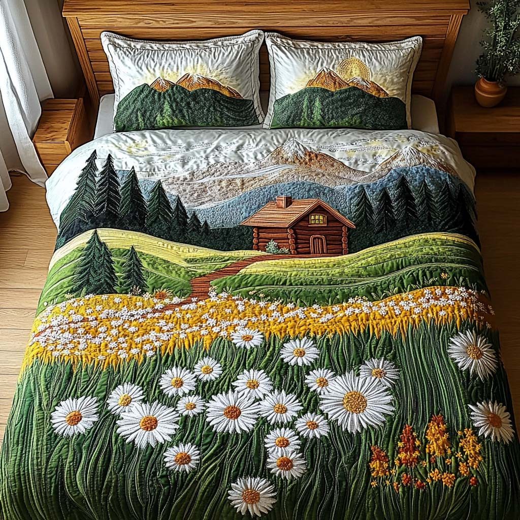 Evergreen Escape quilted 3-piece bedding set on a made bed with two matching pillow shams